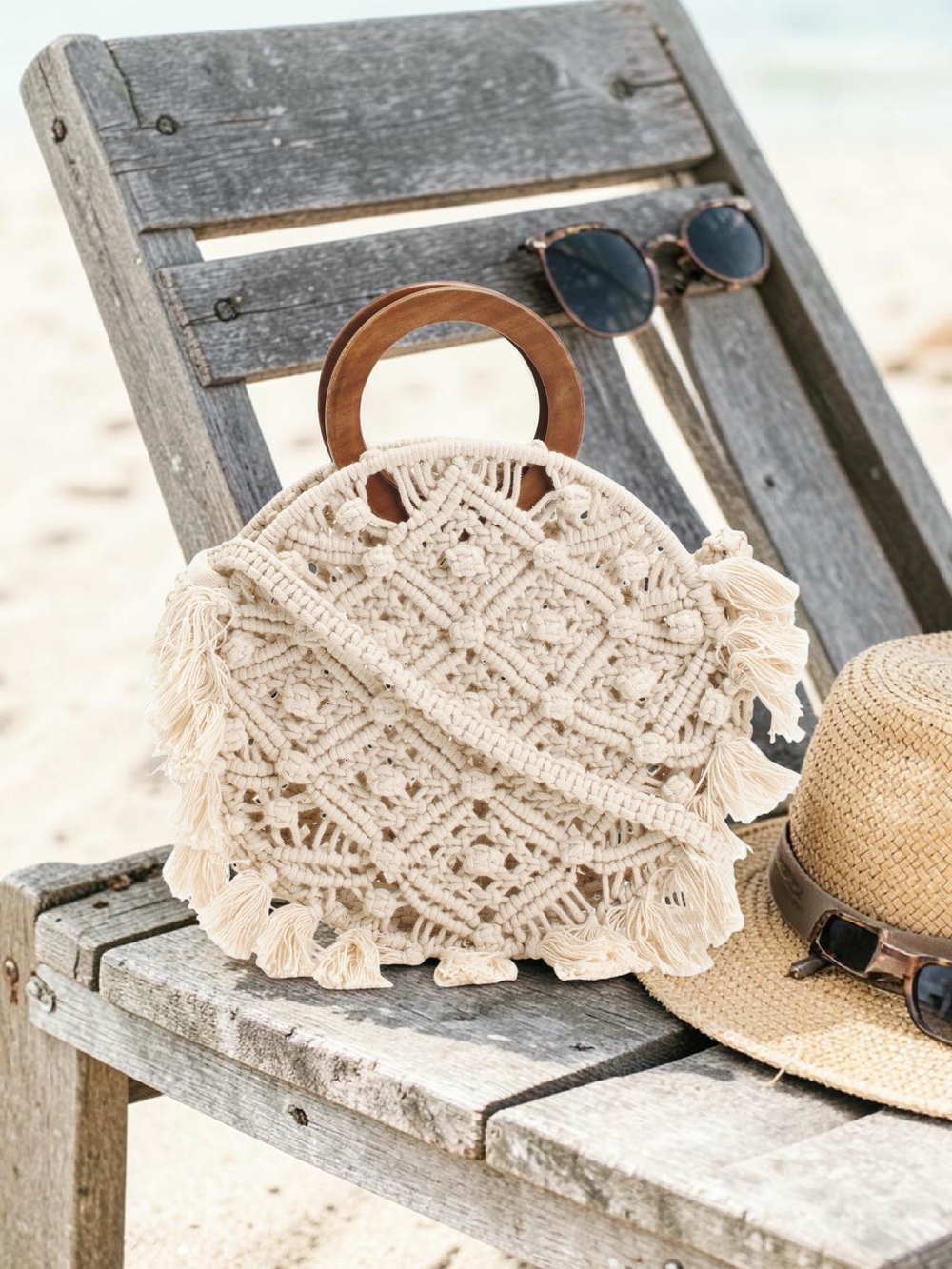 NEW Magid Bohemian Macrame Circle Bag with Wooden Handles & Shoulder Strap NWT - Picture 7 of 7